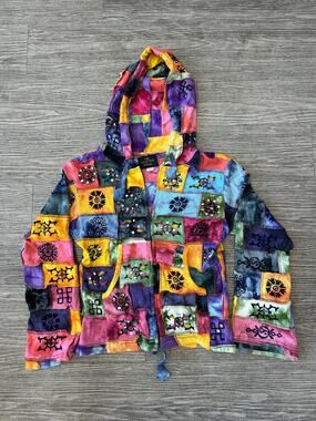 The Collection Royal Patchwork Hoodie Jacket Large L Cotton Boho Hippie Nepal
